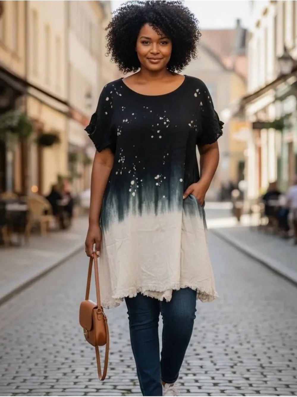 Umgee Black to Cream Ombre Short Sleeve Tunic with Speckle Detail